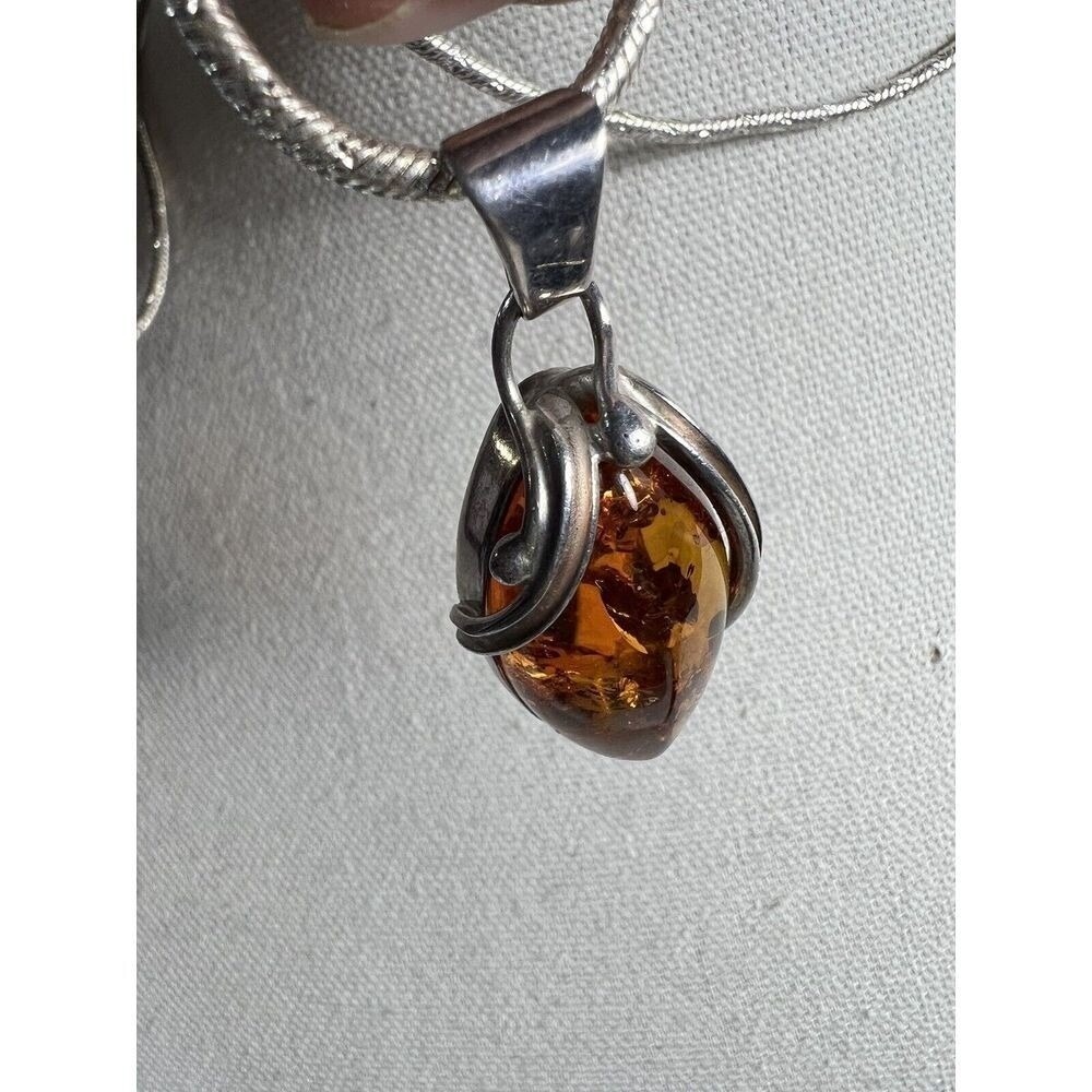 Vintage Amber‎ Pendant Necklace Women OS Cognac Sterling Silver 925 Earthy Boho